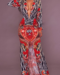  Sexy Deep V Neck Slit Printed Healthy Sheath Ankle Length Dress