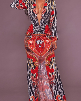  Sexy Deep V Neck Slit Printed Healthy Sheath Ankle Length Dress