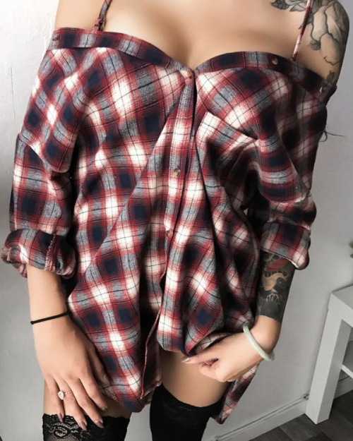 Sexy Dew Shoulder Plaids Printed Red Polyester Mini Slip Dress Sexy Dew Shoulder Plaids Printed Red Polyester Mini Slip Dress