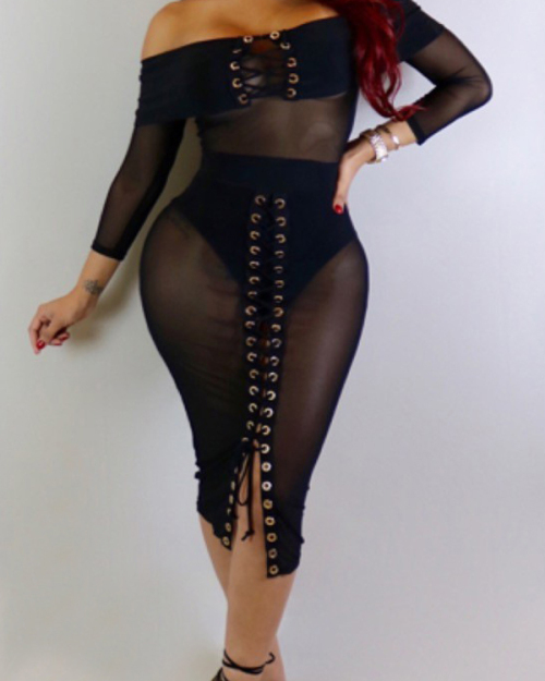 Sexy Dew Shoulder See-Through Black Gauze Sheath Knee Length Dress(Without Lining) Sexy Dew Shoulder See-Through Black Gauze Sheath Knee Length Dress(Without Lining)