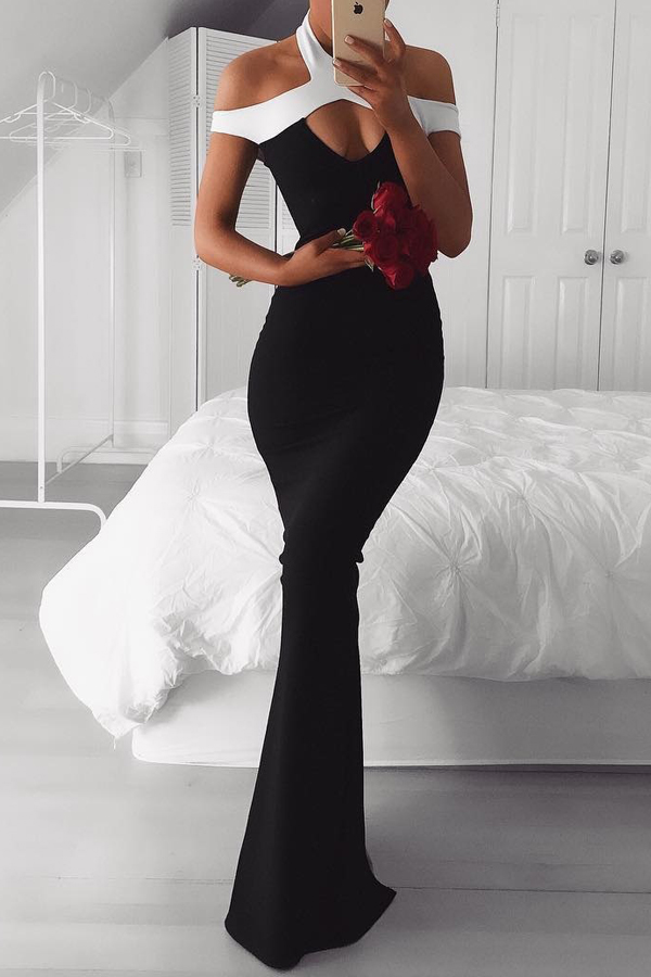  Sexy Hollow-out Patchwork Black Polyester Sheath Ankle Length Dress