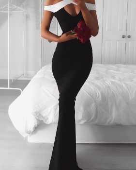  Sexy Hollow-out Patchwork Black Polyester Sheath Ankle Length Dress