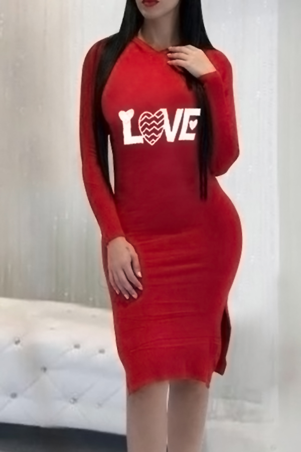  Sexy Hooded Collar Letters Printed Red Cotton Blend Knee Length Dress