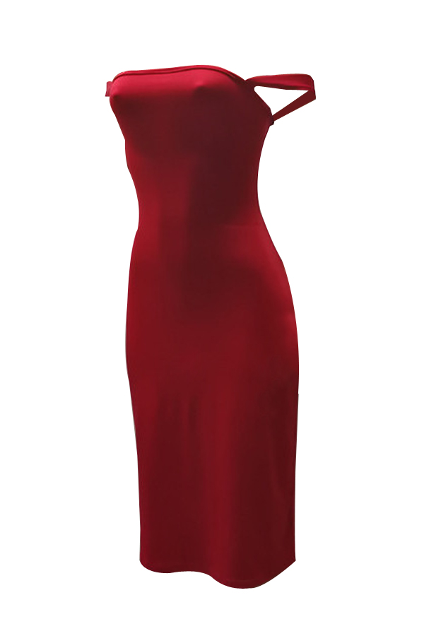  Sexy Lace-up Hollow-out Red Milk Fiber Sheath Knee Length Dress