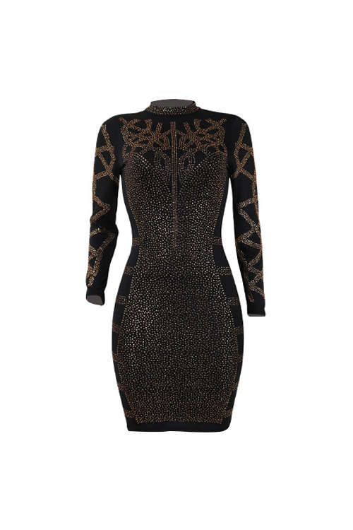  Sexy Mandarin Collar Hot Drilling Decorative Black Polyester Sheath Mini Dress
