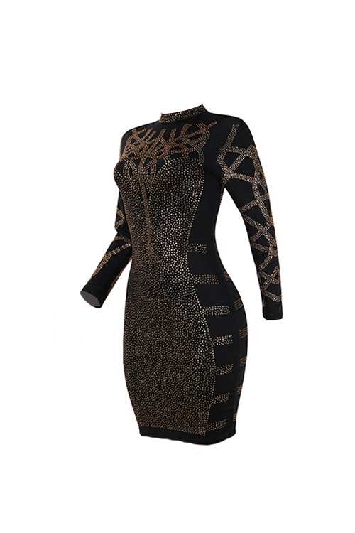  Sexy Mandarin Collar Hot Drilling Decorative Black Polyester Sheath Mini Dress