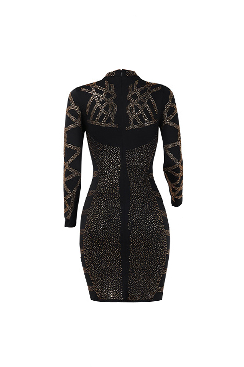  Sexy Mandarin Collar Hot Drilling Decorative Black Polyester Sheath Mini Dress