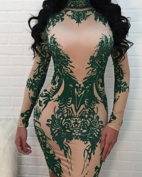  Sexy Mandarin Collar Printed Green Polyester Mini Dress
