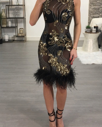 Sexy Mandarin Collar See-Through Sequins Decoration Maomao Hem Black Polyester Mini Dress(Without Subcoating) Sexy Mandarin Collar See-Through Sequins Decoration Maomao Hem Black Polyester Mini Dress(Without Subcoating)