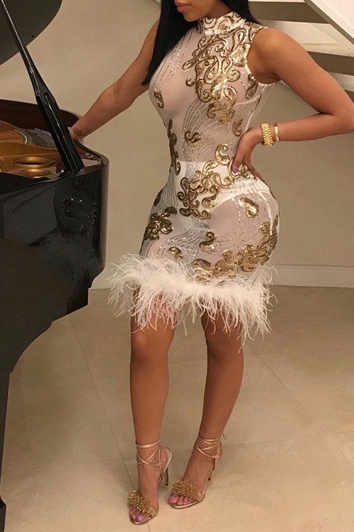  Sexy Mandarin Collar See-Through Sequins Decoration Maomao Hem White Polyester Mini Dress(Without Subcoating)