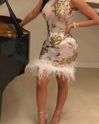  Sexy Mandarin Collar See-Through Sequins Decoration Maomao Hem White Polyester Mini Dress(Without Subcoating)