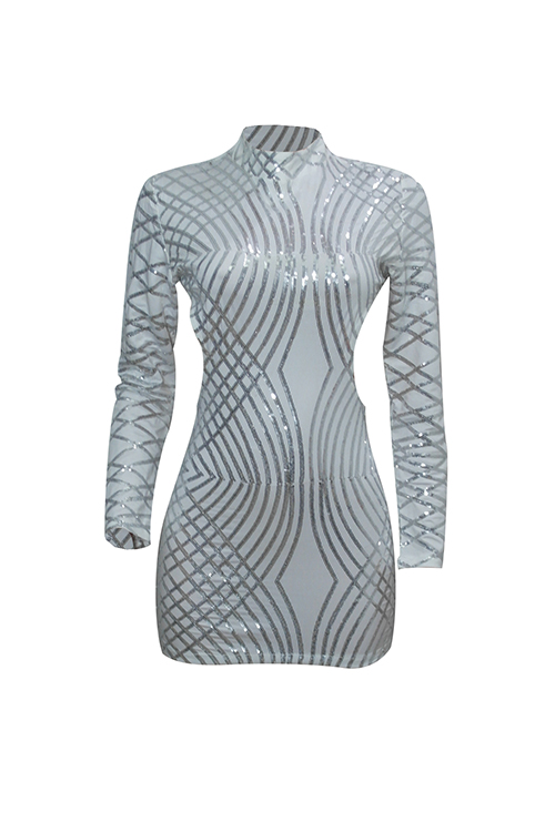  Sexy Round Neck Back Hollow-out Sequins Decoration White Polyester Sheath Mini Dress