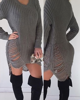  Sexy Round Neck Broken Holes Torn Edges Grey Polyester Mini Dress