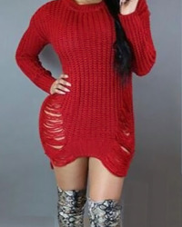  Sexy Round Neck Broken Holes Torn Edges Red Polyester Mini Dress
