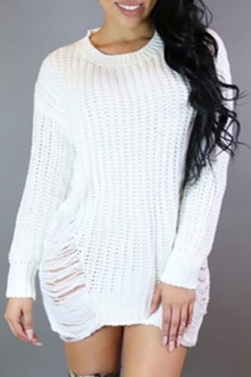  Sexy Round Neck Broken Holes Torn Edges White Polyester Mini Dress