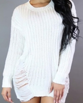  Sexy Round Neck Broken Holes Torn Edges White Polyester Mini Dress