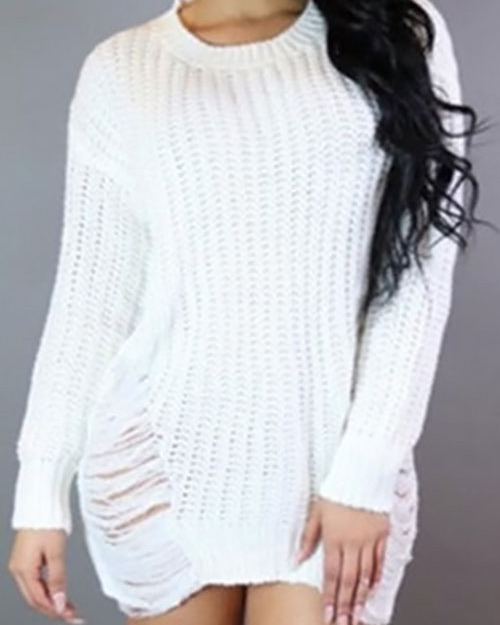 Sexy Round Neck Broken Holes Torn Edges White Polyester Mini Dress Sexy Round Neck Broken Holes Torn Edges White Polyester Mini Dress