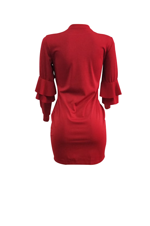  Sexy Round Neck Falbala Design Wine Red Polyester Mini Bodycon Dress