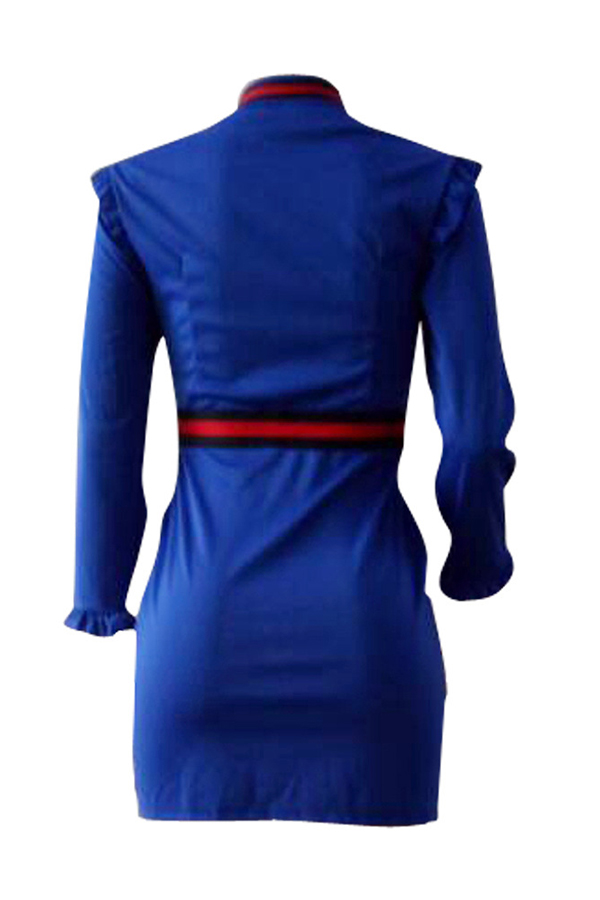  Sexy Round Neck Fold Design Blue Polyester Zipped Dress