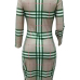 Sexy Round Neck Grid Printed Green Milk Fiber Sheath Knee Length Dress Sexy Round Neck Grid Printed Green Milk Fiber Sheath Knee Length Dress
