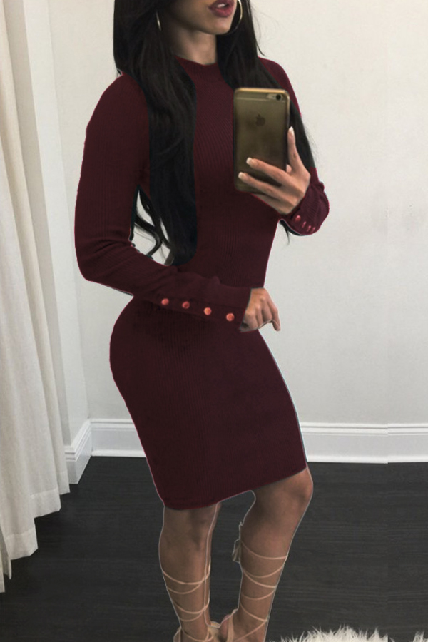  Sexy Round Neck Hollow-out Jujube-red Cotton Blend Sheath Mini Dress