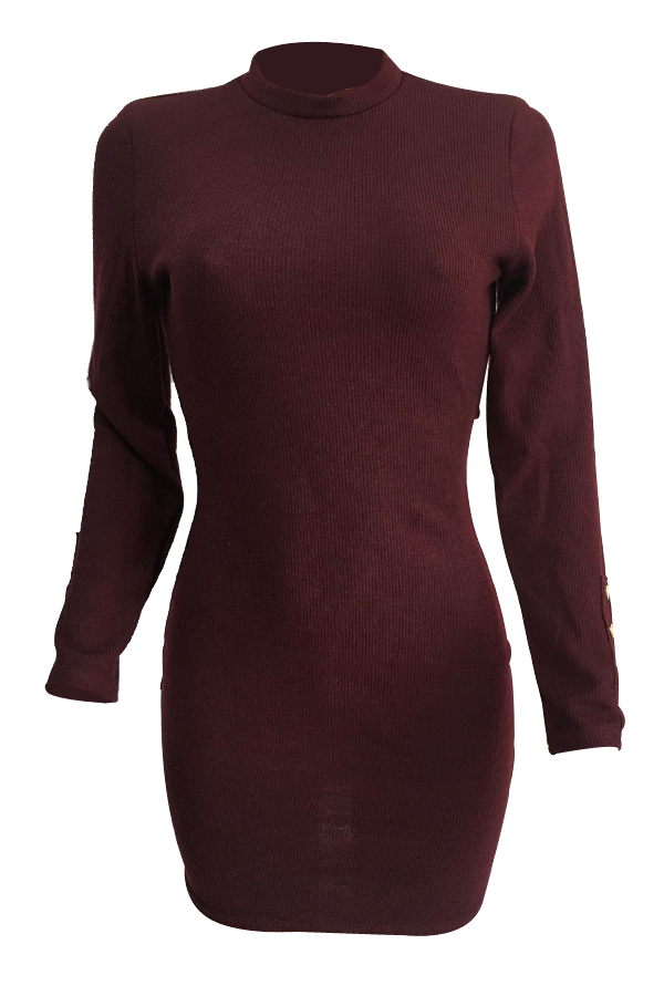  Sexy Round Neck Hollow-out Jujube-red Cotton Blend Sheath Mini Dress