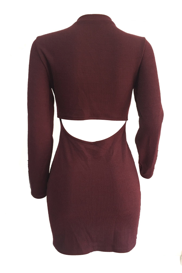  Sexy Round Neck Hollow-out Jujube-red Cotton Blend Sheath Mini Dress