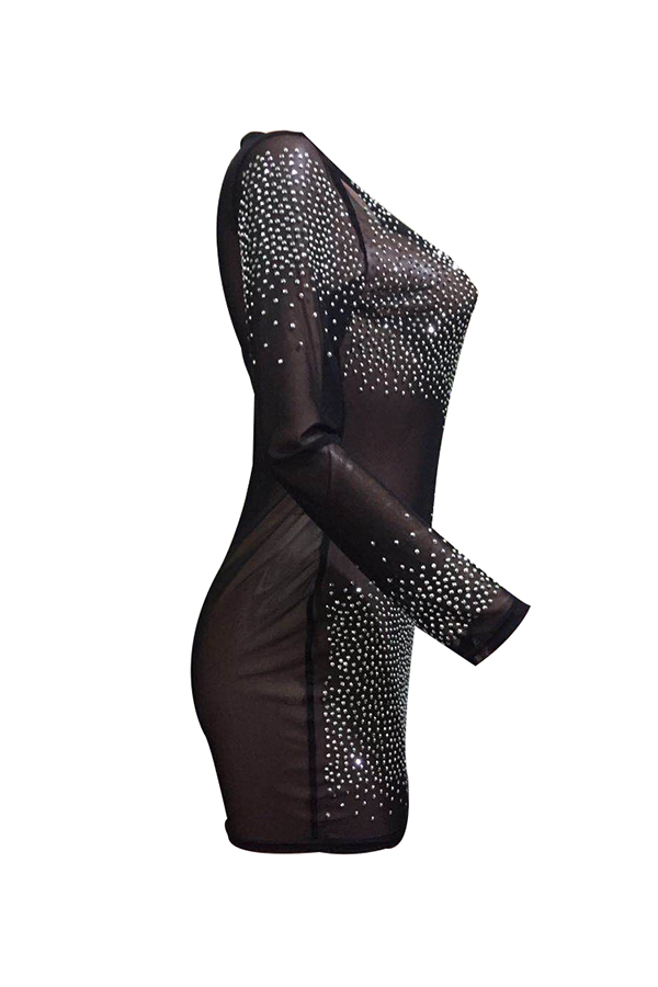  Sexy Round Neck Hot Drilling Decorative Black Polyester Mini Dress