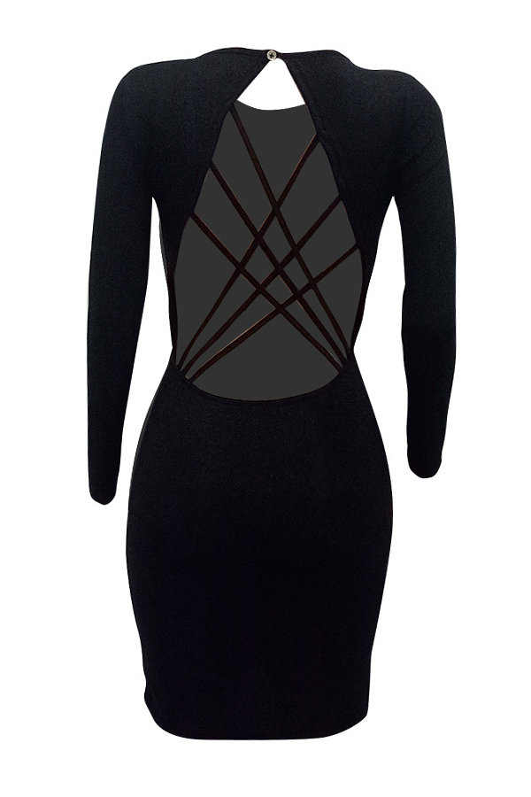  Sexy Round Neck Lace-up Hollow-out Black Polyester Knee Length Dress