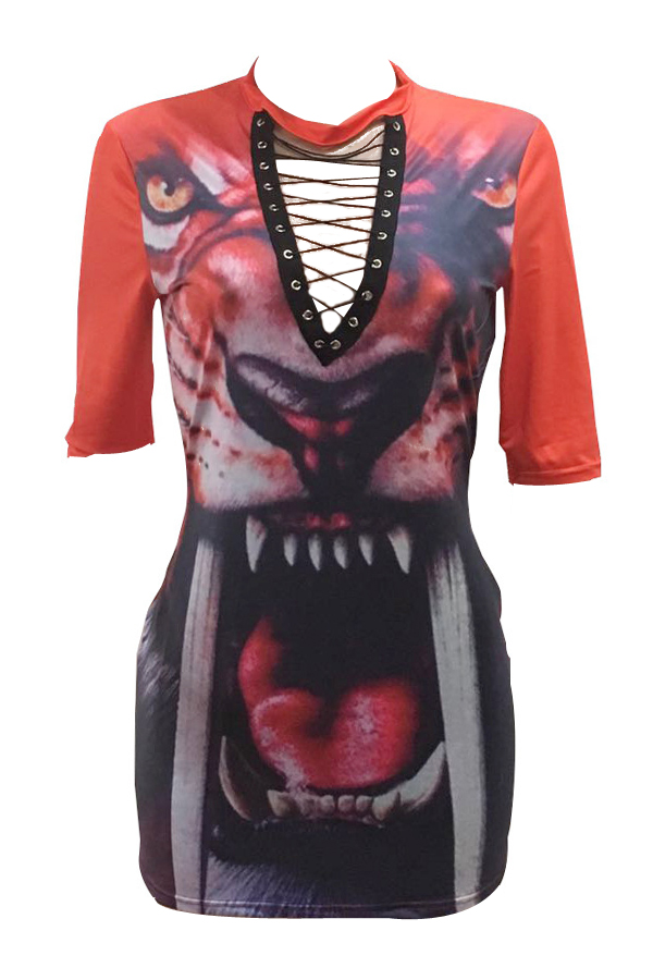  Sexy Round Neck Lace-up Hollow-out Red Milk Fiber Sheath Mini Dress