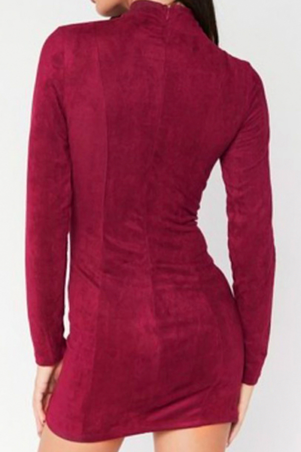  Sexy Round Neck Lace-up Hollow-out Wine Red Velvet Mini Dress