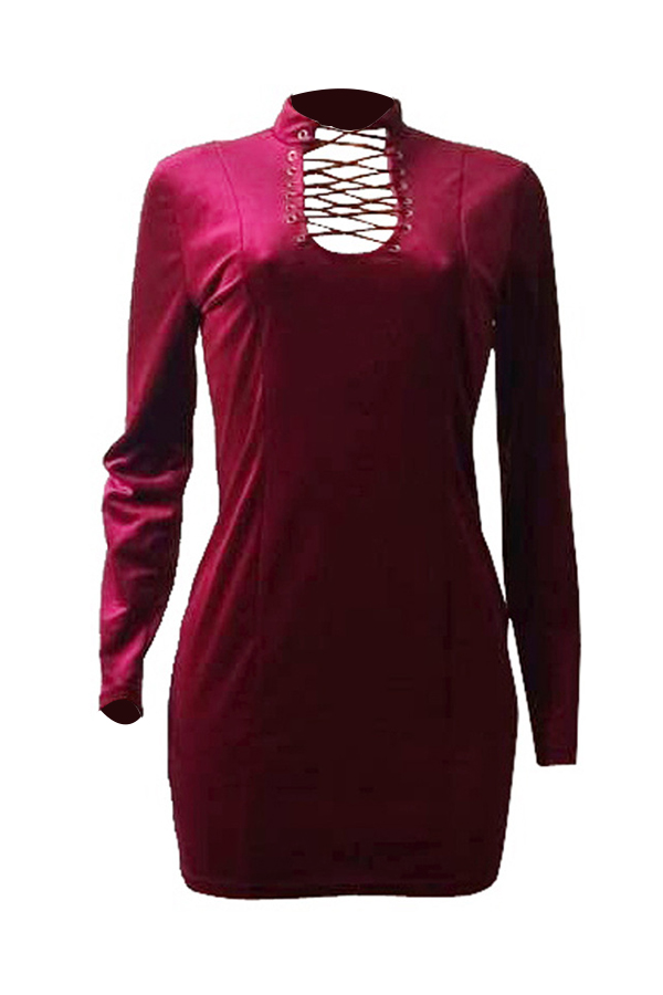  Sexy Round Neck Lace-up Hollow-out Wine Red Velvet Mini Dress