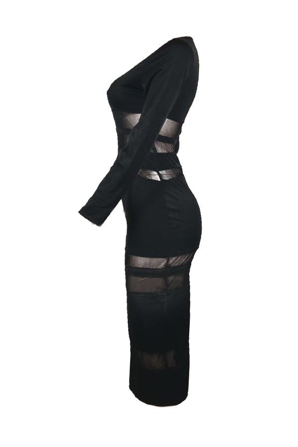  Sexy Round Neck Long Sleeves Gauze Patchwork Black Polyester Sheath Mid Calf Dress(Without Choker