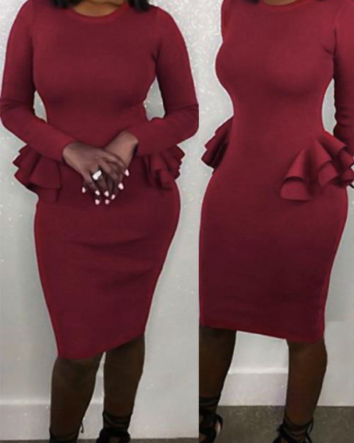 Sexy Round Neck Patchwork Wine Red Polyester Knee Length Dress Sexy Round Neck Patchwork Wine Red Polyester Knee Length Dress