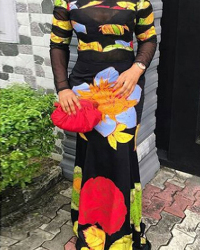  Sexy Round Neck Printed See-Through Healthy Fabric Sheath Ankle Length Dress