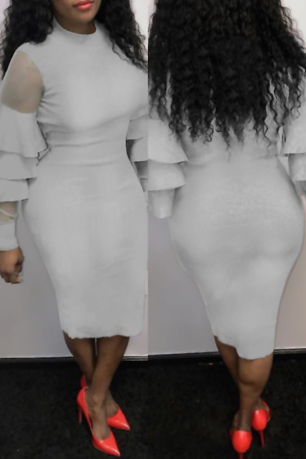  Sexy Round Neck Ruffle Sleeves Gauze Patchwork Grey Polyester Knee Length Dress