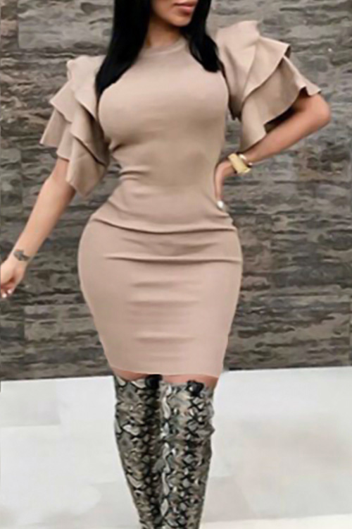  Sexy Round Neck Ruffle Sleeves Khaki Polyester Knee Length Dress