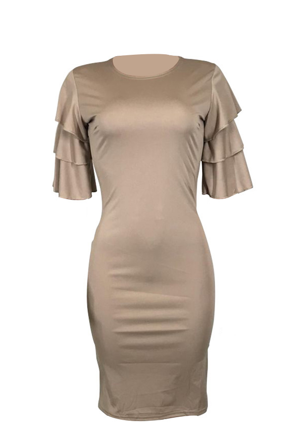  Sexy Round Neck Ruffle Sleeves Khaki Polyester Knee Length Dress