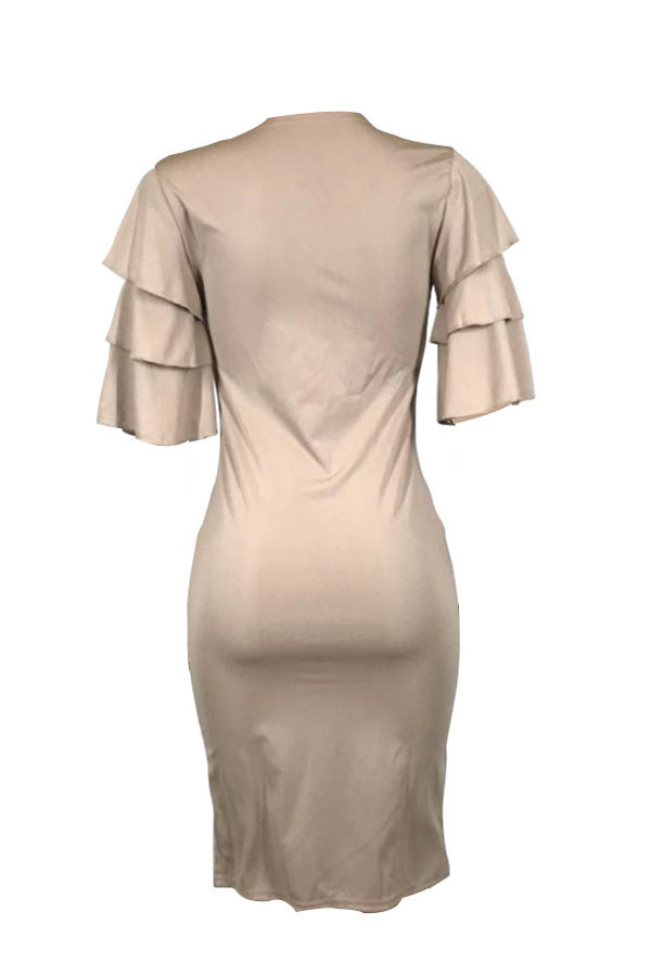  Sexy Round Neck Ruffle Sleeves Khaki Polyester Knee Length Dress