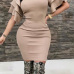  Sexy Round Neck Ruffle Sleeves Khaki Polyester Knee Length Dress