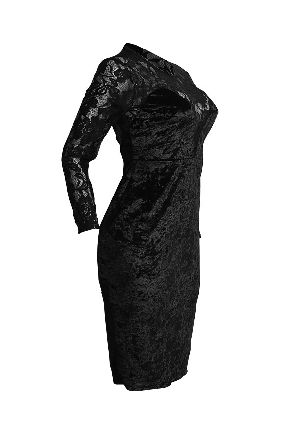  Sexy Round Neck See-Through Black Velvet Knee Length Dress