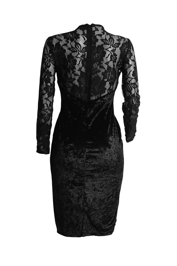  Sexy Round Neck See-Through Black Velvet Knee Length Dress