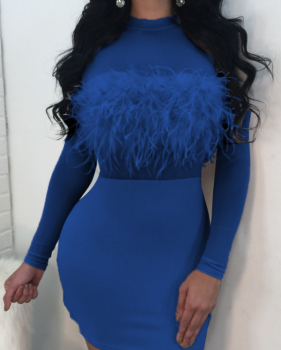  Sexy Round Neck See-Through Blue Polyester Sheath Knee Length Dress