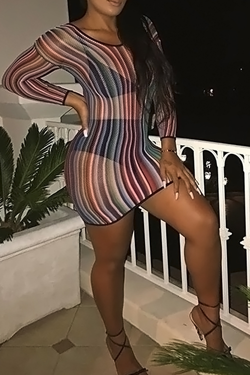  Sexy Round Neck See-Through Rainbow Striped Printed Gauze Sheath Mini Dress(Without Subcoating)