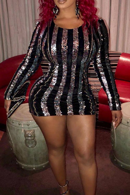  Sexy Round Neck Sequins Decoration Silver Polyester Mini Bodycon Dress