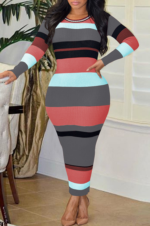  Sexy Round Neck Striped Patchwork Grey Polyester Ankle Length Dress