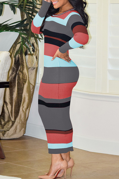  Sexy Round Neck Striped Patchwork Grey Polyester Ankle Length Dress