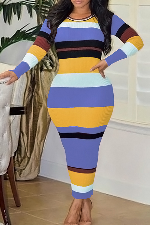  Sexy Round Neck Striped Patchwork Purple Polyester Ankle Length Dress