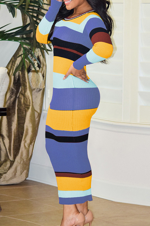  Sexy Round Neck Striped Patchwork Purple Polyester Ankle Length Dress