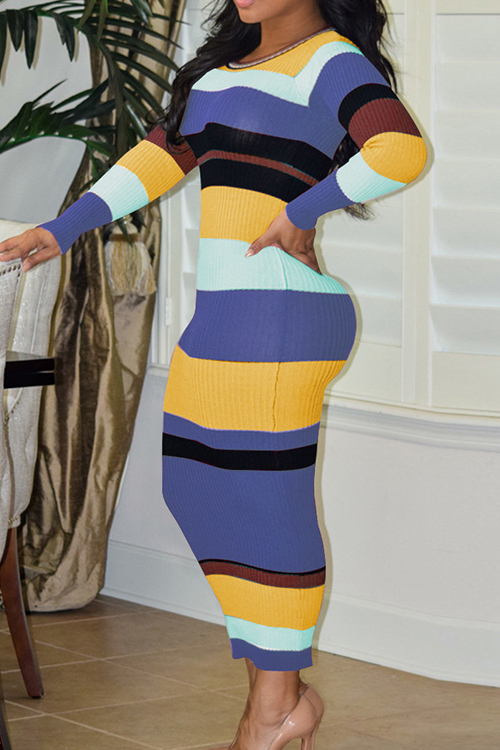  Sexy Round Neck Striped Patchwork Purple Polyester Ankle Length Dress